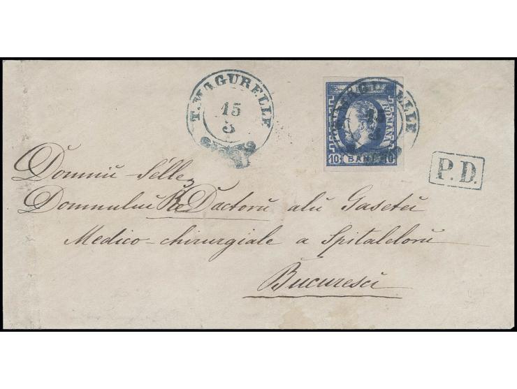 10 b. blue, type I, good to large margins, tied by blue "T. MAGURELLE" with additional strike alongside to cover to Bukarest,