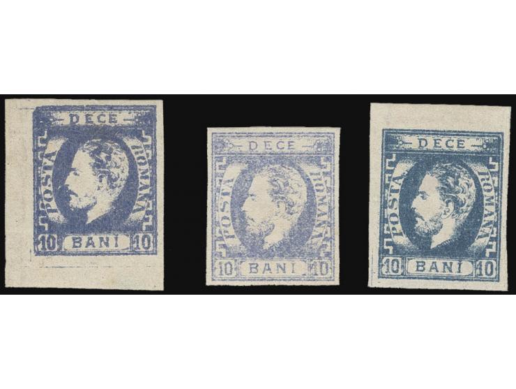 10 b. ultramarine, corner copy in dark shade and stamp in bright shade on laid paper, also 10 b. prussian-blue with large mar