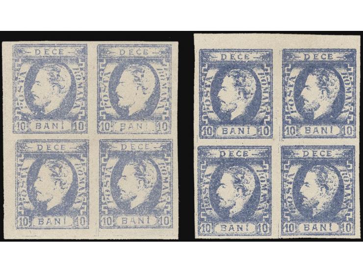 10 b. ultramarine, 2 blocks of 4 in distinctive shades, unused, very fine and fresh