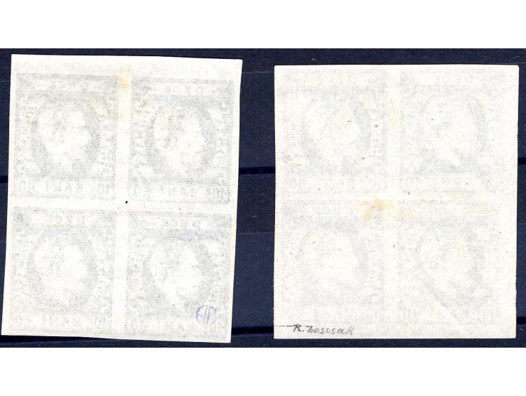 10 b. ultramarine, 2 blocks of 4 in distinctive shades, unused, very fine and fresh