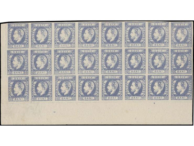 10 b. ultramarine, type II, horizontal block of 24 from the lower left sheet corner, unused, almost all unhinged mint; a very