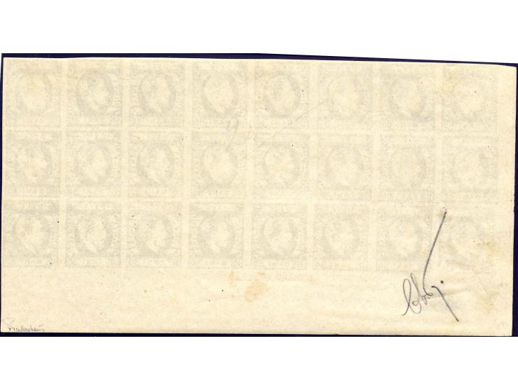 10 b. ultramarine, type II, horizontal block of 24 from the lower left sheet corner, unused, almost all unhinged mint; a very