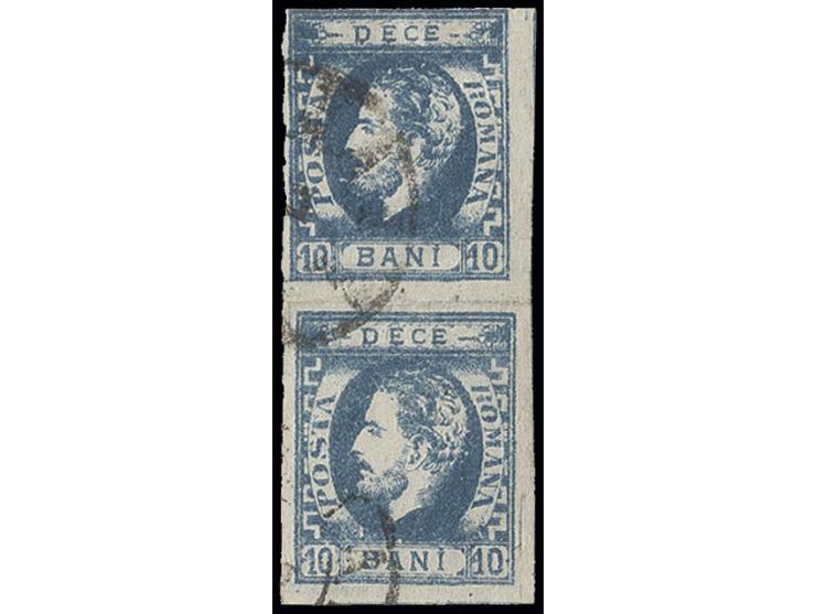 10 b. prussian-blue, vertical pair, used, the upper stamp clear at top, otherwise good to wide margins, the other stamp small