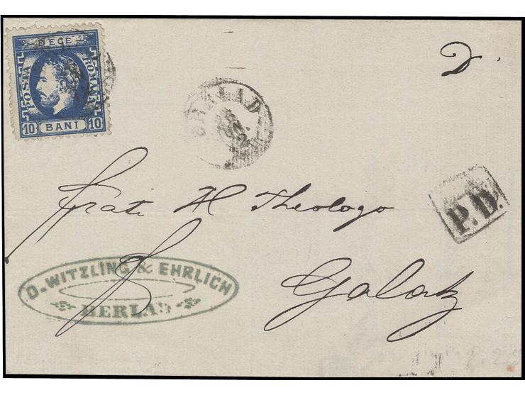 1872, Carol I. 10 b. blue, tied by cds. "BERLAD 26 JUN. 72" to lettersheet to Galatz, very fine