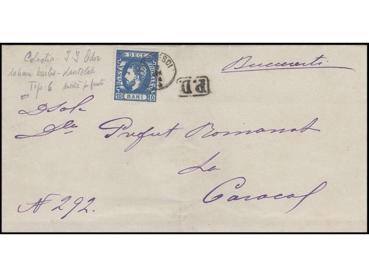 10 b. blue with plate flaw on king's forehead, tied by small single circle "BUCURESCI 17 JUN 72" to lettersheet to Caracal, v