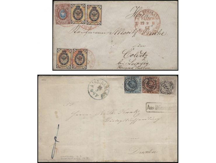DIVERSE EUROPÄISCHE LÄNDER: 1853/70 (ca.), 22 frankierte und unfrankierte Briefe, dabei Dreifarben-Frankatur Dänemark, "K.B. 