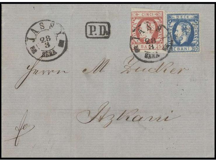 10 b. blue in combination with imperforated issue 5 b. carmine with full to wide margins, tied by cds. "JASSY SERA 23 3" and 