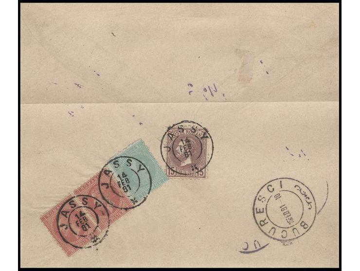 1879, Bukarest printing 5 b. green and horizontal pair 10 b. rose in combination with 1880, pearls 15 b. lilac-brown, tied by