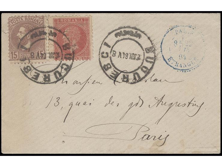10 b. rose with 1880, pearls 15 b. lilac-brown, tied by cds. "BUCURESCI 18 JUL. 84" to small envelope to Paris with arrival m