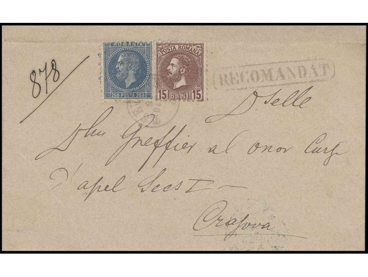 25 b. blue with 1880, pearls 15 b. lilac-brown, tied by small cds. "T. SEVERIN 9 DEC." to registered lettersheet to Crajova, 