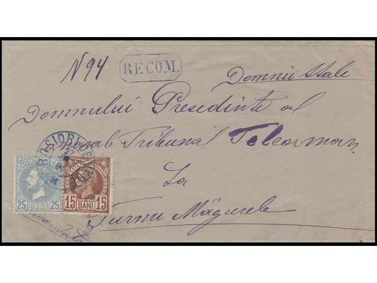 1880, 25 b. blue with Turul 15 b. brown, tied by blue cds. "BOSIORI DE VEDE 27 JUL 86" to registered letter to Turnu Magurele