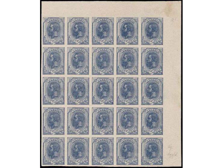 25 b. in finer printing, imperforated block of 25 with complete inverted watermark, ungummed as usual, fine and scarce