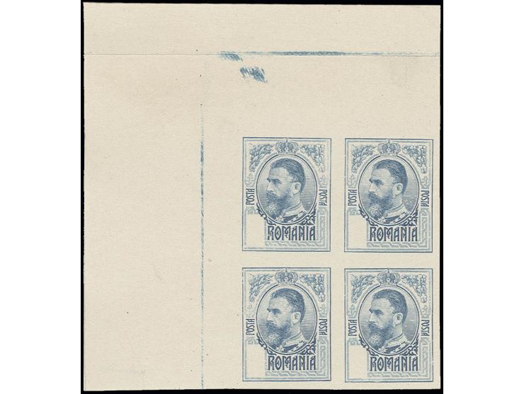 1908, King Charles, imperforated plate proof in blue without value tablet, block of 4 on ungummed paper, fine, signed Marco M