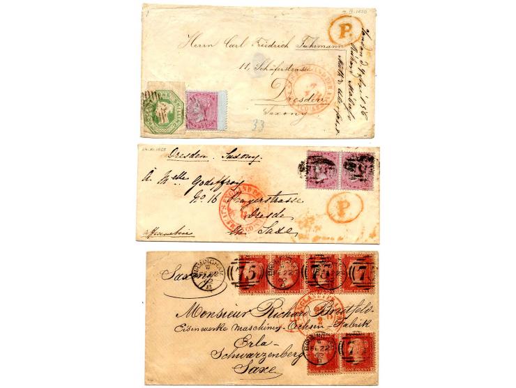 GROSBRITANNIEN: 1854/66, 2 unfrankierte und 9 unfrankierte Briefe, dabei 2 Einschreiben, Paar Nr. 12 auf Brief, Nr. 7 mit Zuf