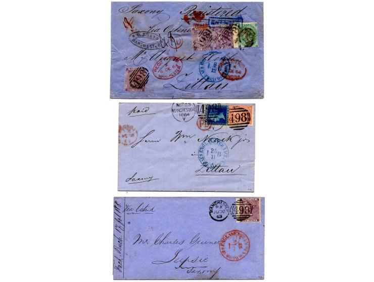GROSBRITANNIEN: 1854/66, 2 unfrankierte und 9 unfrankierte Briefe, dabei 2 Einschreiben, Paar Nr. 12 auf Brief, Nr. 7 mit Zuf