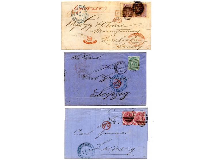GROSBRITANNIEN: 1854/66, 2 unfrankierte und 9 unfrankierte Briefe, dabei 2 Einschreiben, Paar Nr. 12 auf Brief, Nr. 7 mit Zuf