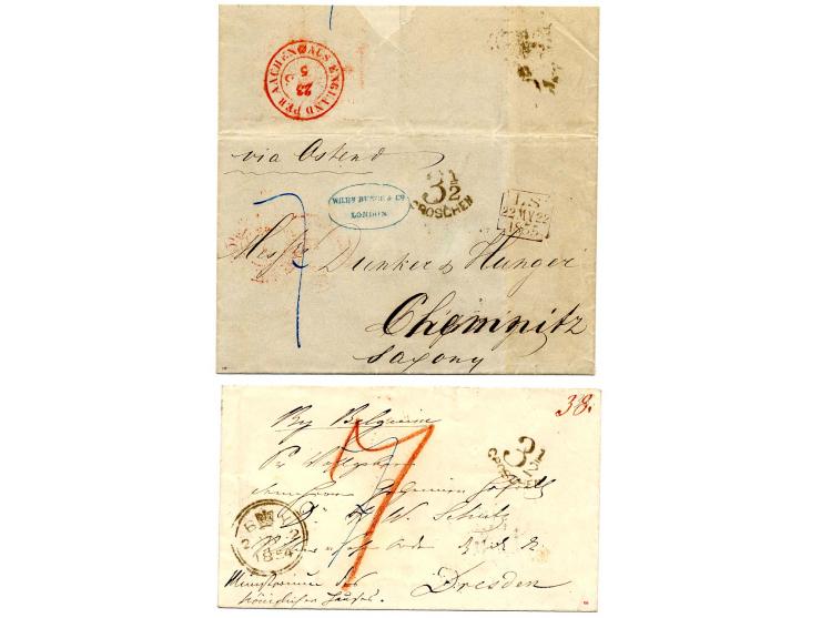 GROSBRITANNIEN: 1854/66, 2 unfrankierte und 9 unfrankierte Briefe, dabei 2 Einschreiben, Paar Nr. 12 auf Brief, Nr. 7 mit Zuf