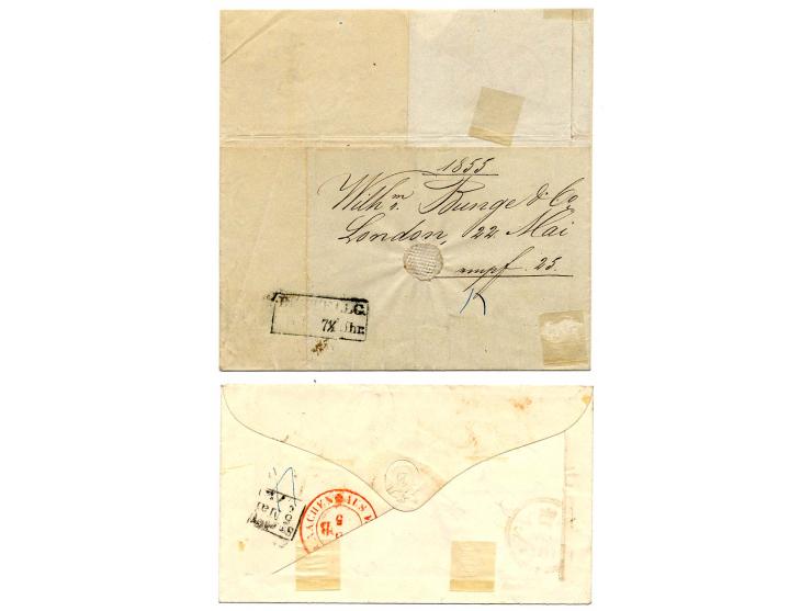 GROSBRITANNIEN: 1854/66, 2 unfrankierte und 9 unfrankierte Briefe, dabei 2 Einschreiben, Paar Nr. 12 auf Brief, Nr. 7 mit Zuf