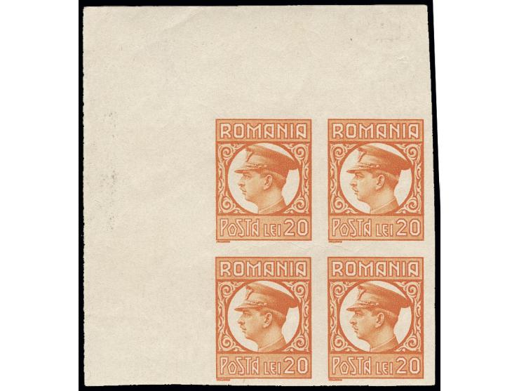 1930, King Carol II 25 b.-20 l. in imperforated blocks of 4 from sheet corners, unhinged mint, in the margins partly hinge re