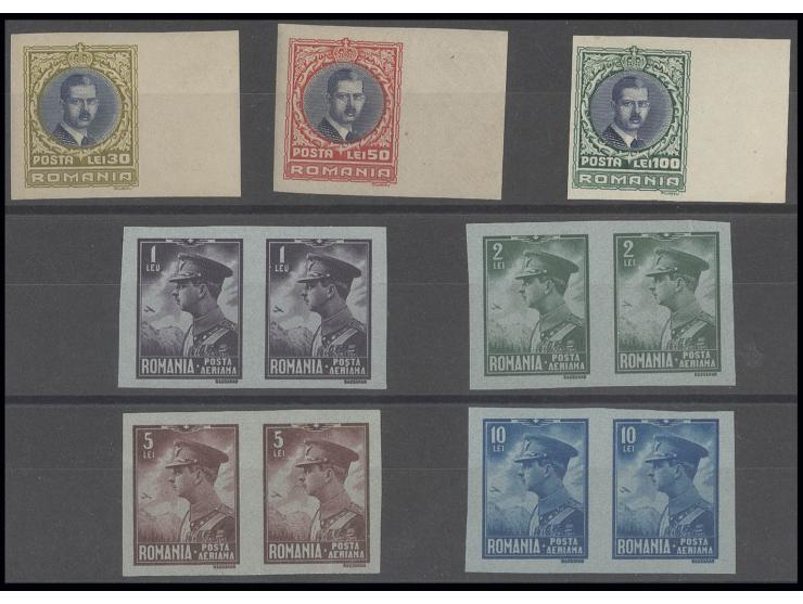 1931, Charles II 30-100 l. imperforated marginal copies and airmail issue 1-10 l. in imperforated horizontal pairs, unhinged 