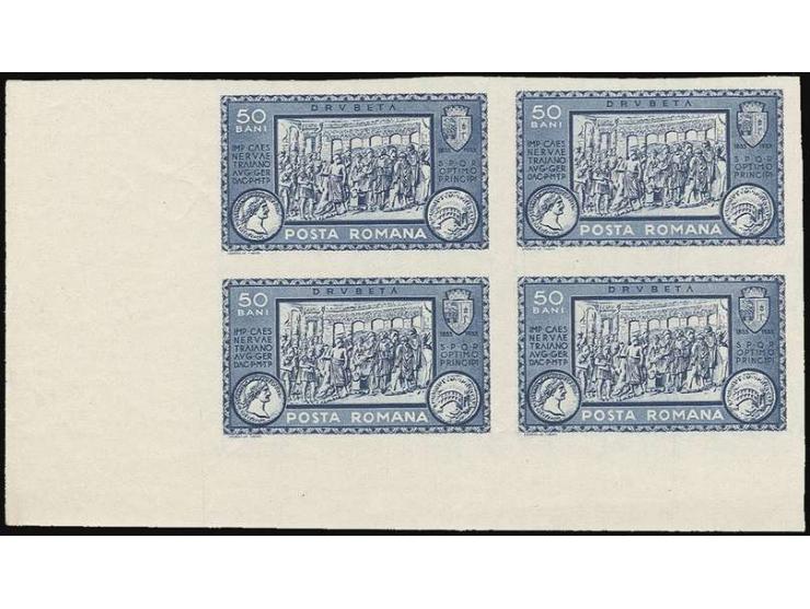 1933, 100 Years Turnu-Severin 25 b.-2 l. in imperforated blocks of 4 from the lower left sheet corner, unhinged mint, fine