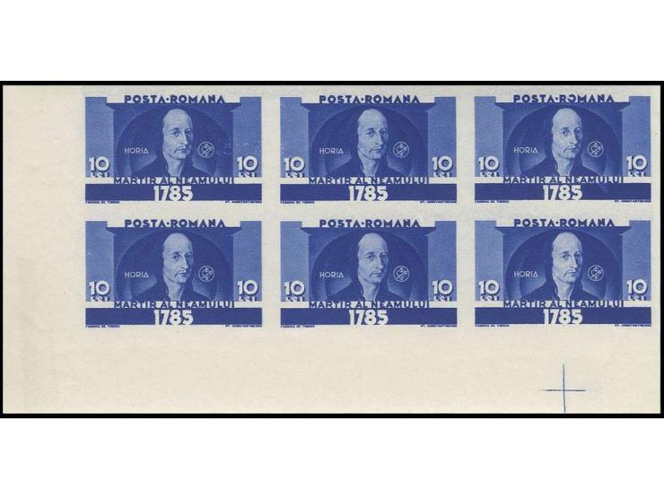 1935, Crisan, Horia and Closca 1-10 l. in imperforated horizontal blocks of 6 from the lower left sheet corner, unhinged mint