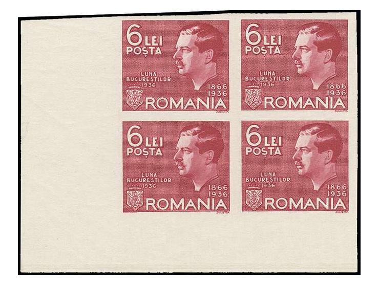 1936, Luna Bucurestilor 6 l., imperforated block of 4 from the lower left sheet corner, unhinged mint, tiny cut in the top ce