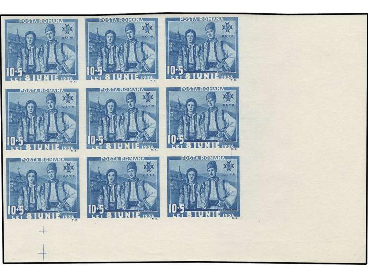National Costumes 50 b.-10 l. in imperforated blocks of 9 from sheet corners, unhinged mint, 3 stamps affected by creases