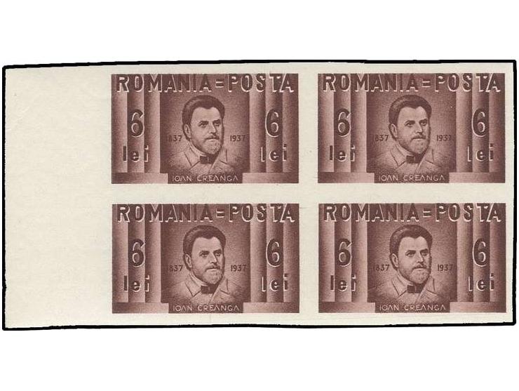 1937, Ioan Creanga 2-6 l. in imperforated blocks of 4 from the left sheet margin, unhinged mint