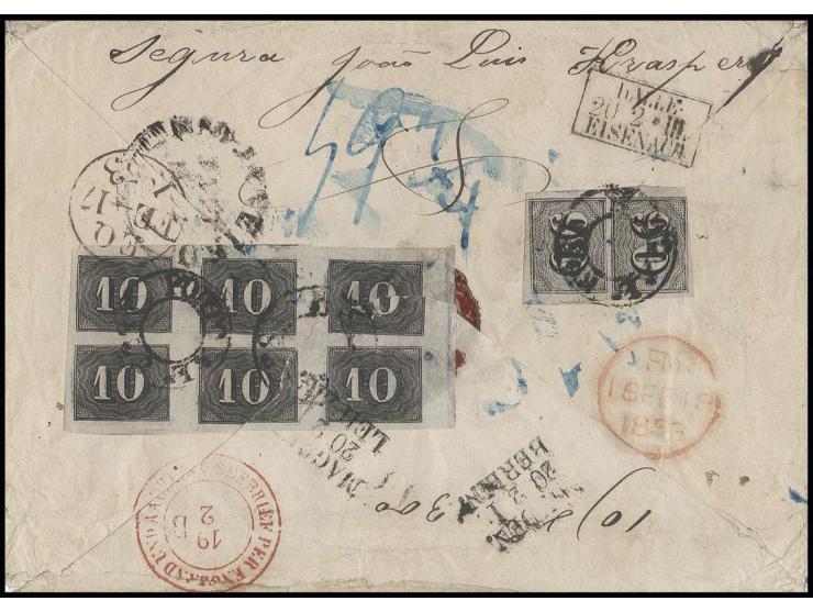 1850, Verticais 90 Réis im senkrechten Paar und 10 Réis im waagerechten 6er-Block mit DKr. "PORTO ALEGRE" rückseitig auf Brie