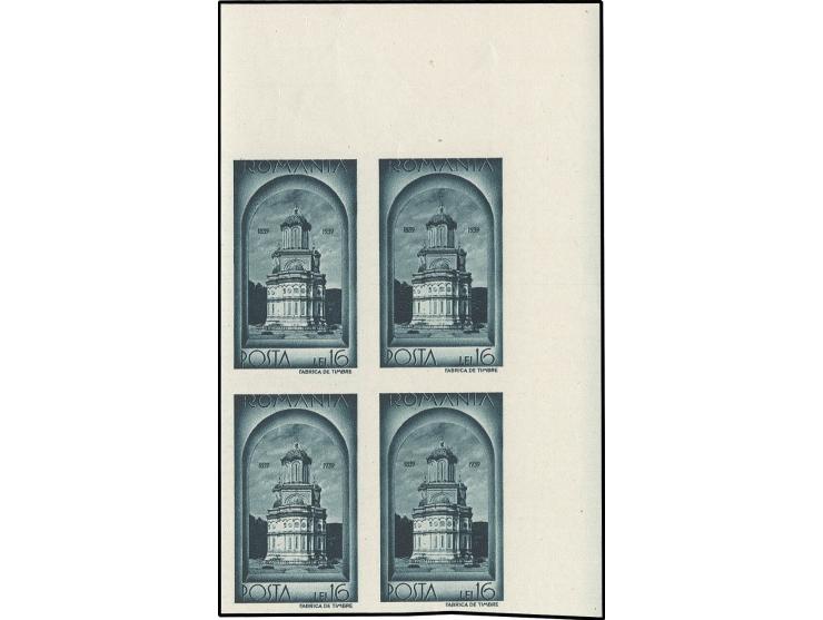 1939, Anniversary of Charles I 25 b.-16 l. in imperforated blocks of 4 from sheet corners, unhinged mint, few with gum bends,