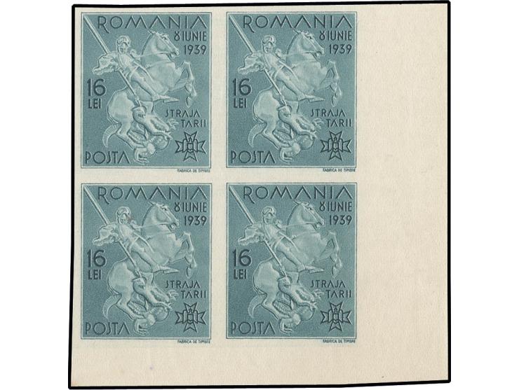 St. Georg 25 b.-16 l. in imperforated blocks of 4, most from the lower right sheet corner, unhinged mint, 3 stamps creased