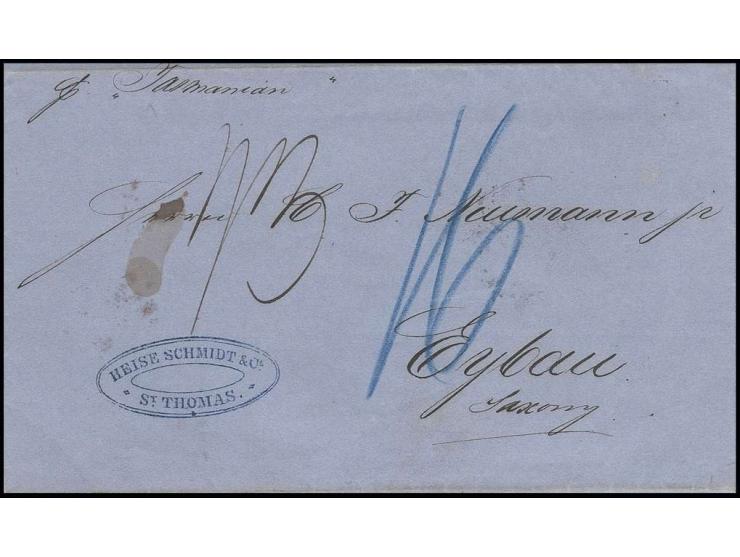 DÄNISCH WESTINDIEN: 1865, kompletter Portobrief von "ST. THOMAS A JU 29 65" über London nach Eybau mit Transit- und Ausgabest