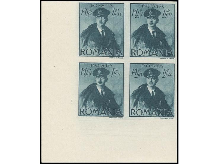 Carol II in airforce uniform 1-14 l. in imperforated blocks of 4 from the lower left sheet corner, unhinged mint; one stamp 6