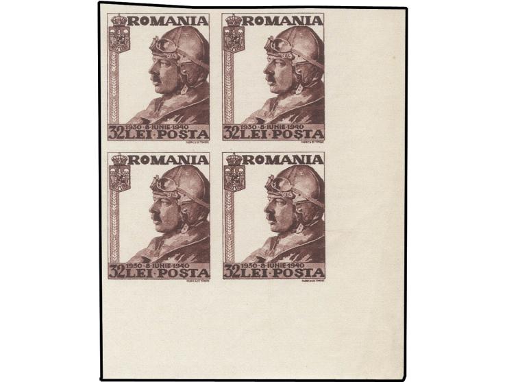 Carol II 10th anniversary 1-32 l. in imperforated blocks of 4 from sheet corners, 32 l. some creasing in the outer margin onl