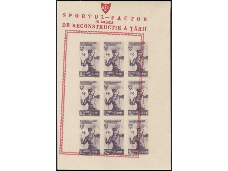1945, Sports 20+180 l. imperforated in complete sheet with heavily displaced red printing, unhinged mint, somewhat stained on