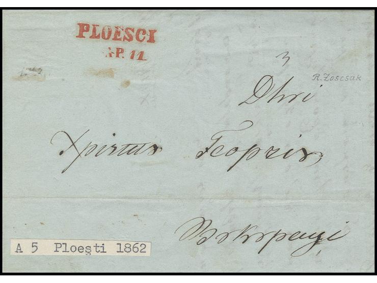 "PLOESCI AP. 11", double line in red, very clear on entire letter 1862 to Bukarest with red arrival mark (without "Walachei")
