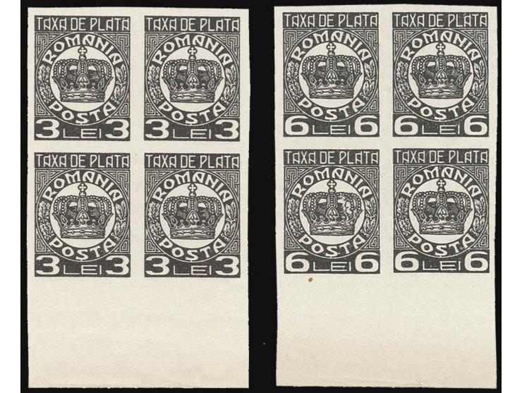 TAX STAMPS: 1932/38, 3 l. and 6 l. in imperforated blocks of 4 from the lower sheet margin, unhinged mint, fine (Mi. 960,- +)