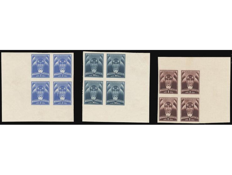 TAX STAMPS FOR AVIATION FUND: 1932, 50 b.-2 l. in imperforated blocks of 4 from sheet corners, unhinged mint, fine and scarce