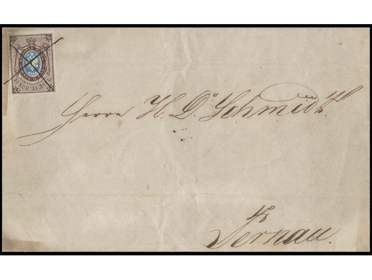 1857, 10 k. light brown/blue, good margins, tied by pencil cross to folded letter to Pernau, scotch tape adhesions at upper l