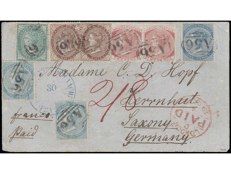 JAMAICA: 1860/70, 1. Ausgabe 1 P. blau, 3 Einzelwerte zusammen mit Paar 2 P. rosa, 3 P. grün und 2 Einzelstücke 1 Sh. braun m