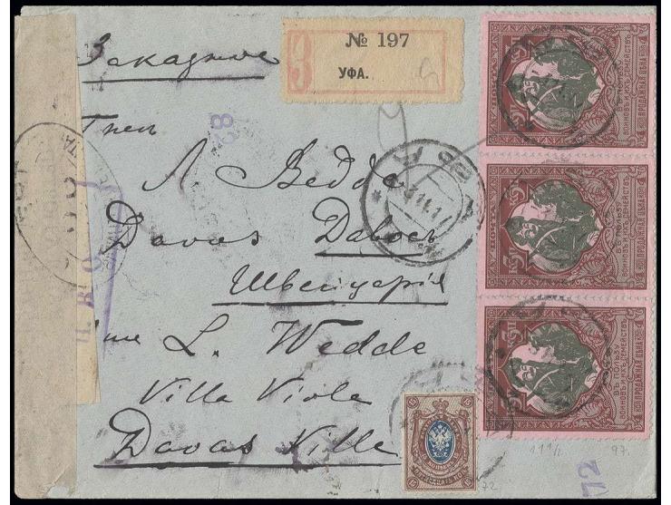  1914, war aid 3 k. multi-coloured, horizontal strip of three with additional franking tied by cds. "UFA 3 11 14" to register