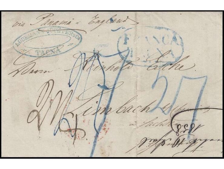 PERU: 1855, kompletter Brief mit blauem Ovalstempel "FRANCA TACNA" mit Leitvermerk "via Panama & England" nach Limbach; der B