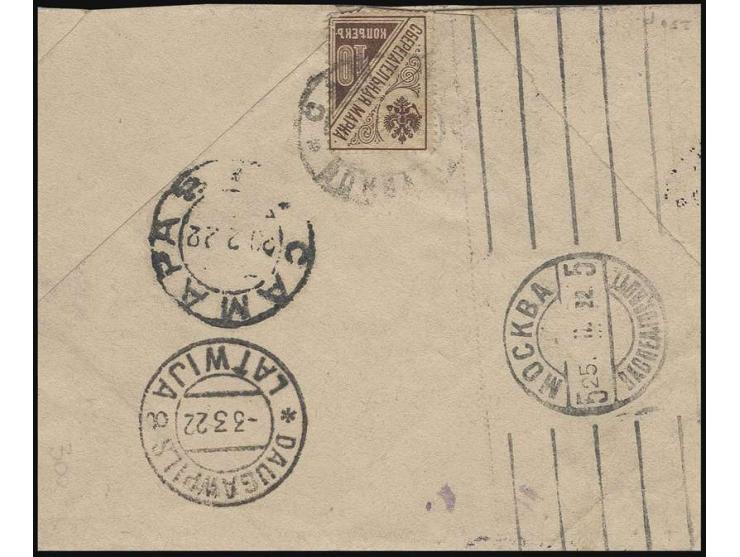  10 k. tied by cds. to reverse of cover to Latvia with postage due mark of Riga on front, openend out for display, otherwise 