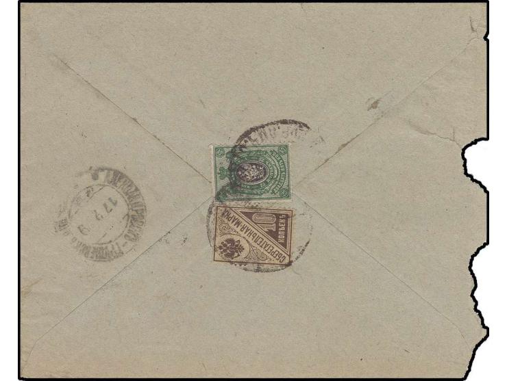 10 k. in mixed franking with 1908, 25 k. green/violet tied by illegible cds. to reverse of cover, roughly opened at left 