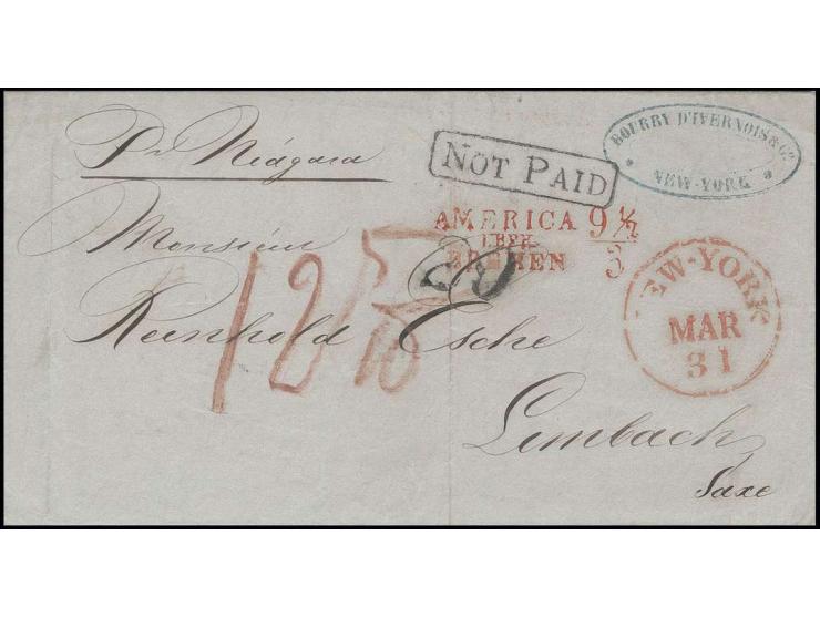 USA: 1852, "AMERICA ÜBER BREMEN 9½/3", roter L3 mit nebengesetztem Ra. "NOT PAID" auf Faltbrief von "NEW-YORK MAR 31" nach Li