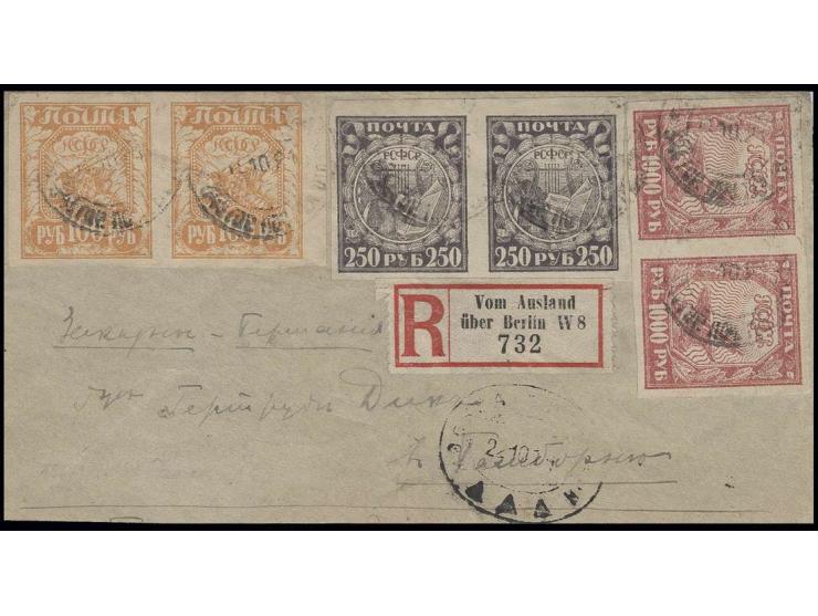 1921, Liberation of work 100 r. yellow, 250 r. violet and 1000 r. red each as horizontal pair, tied by cds. to registered cov