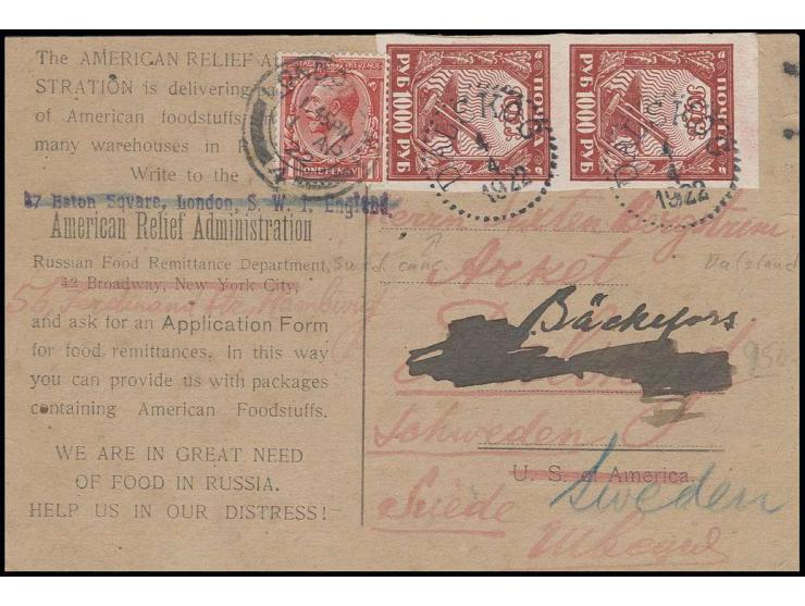 1000 r. red, vertical pair with swedish cds. "DALSKOG 4 4 1922" on special post card for the Russian Food Remittance Departme