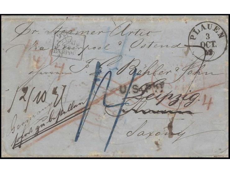 1852, Brief der 2. Gewichtsstufe von New York mit handschriftlichem Vermerk "sofort zu bestellen" nach Plauen und nachgesandt