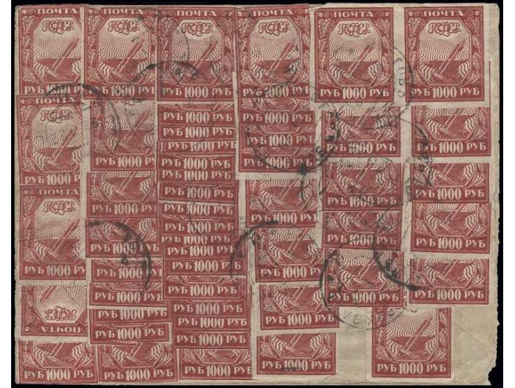1000 r. red, 50 stamps, some in multiples, tied by cds. to reverse cover, small faults as to be expected, an interesting mass